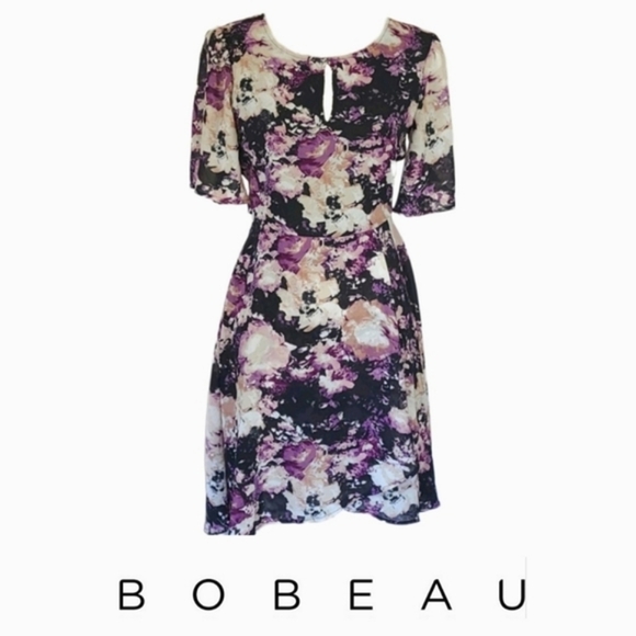 Bobeau Floral Dress in Purple, Cream, and Black, XS - Picture 1 of 5